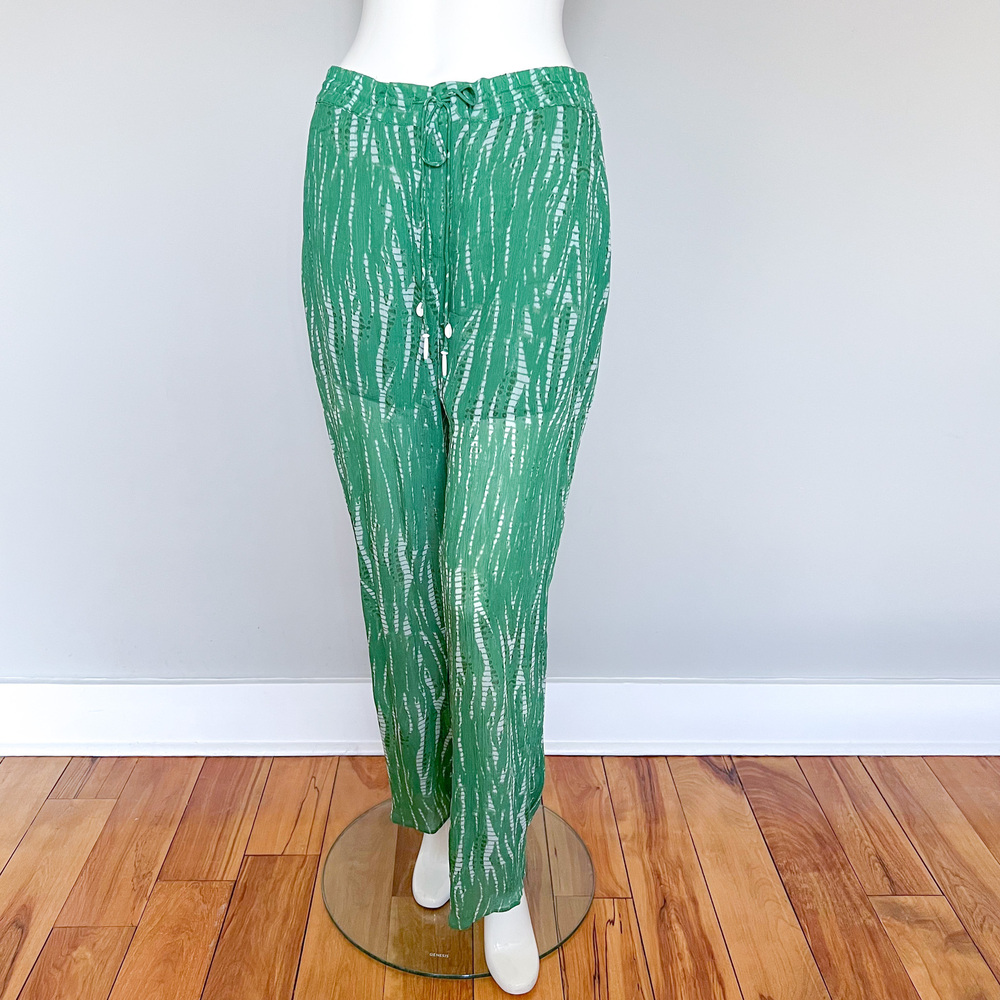 NEW ZARA Green White Viscose PRINTED PAJAMA-STYLE PANTS GREEN Medium